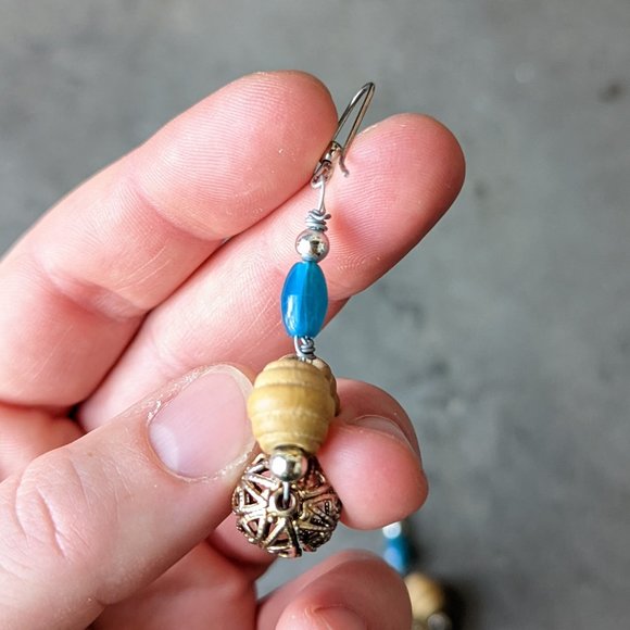 Handmade Teal and Tan Beaded Dangle Drop Earrings - Picture 4 of 6